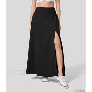 Halara High Waisted Flowy Maxi Skirt with Casual Style Pockets Slit Black L NWT